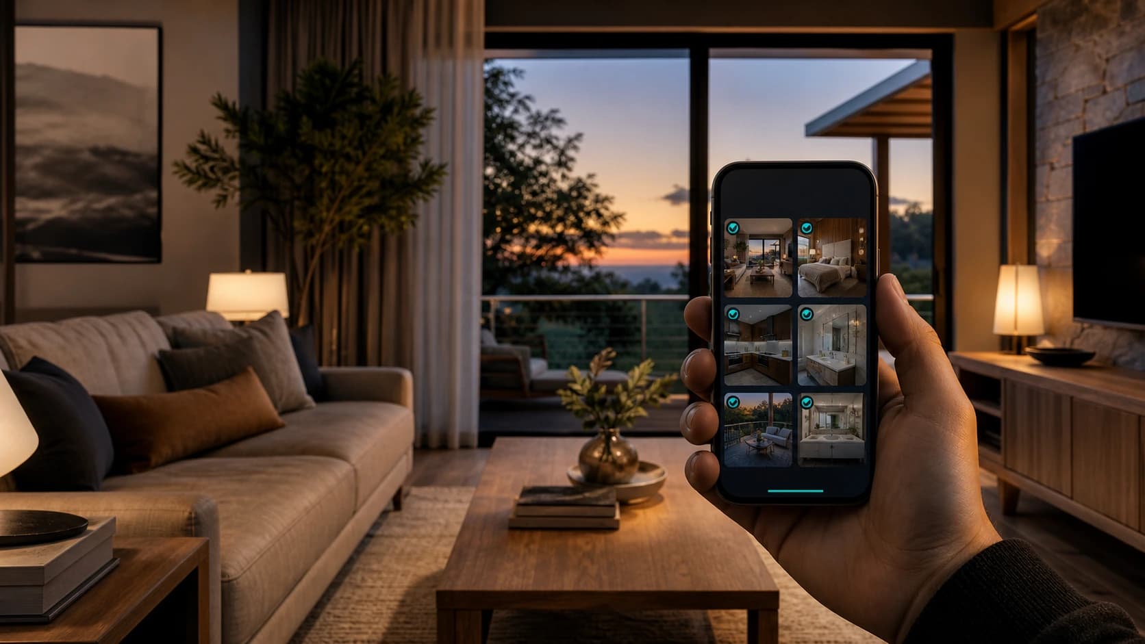 Host documenting pristine rental property with phone