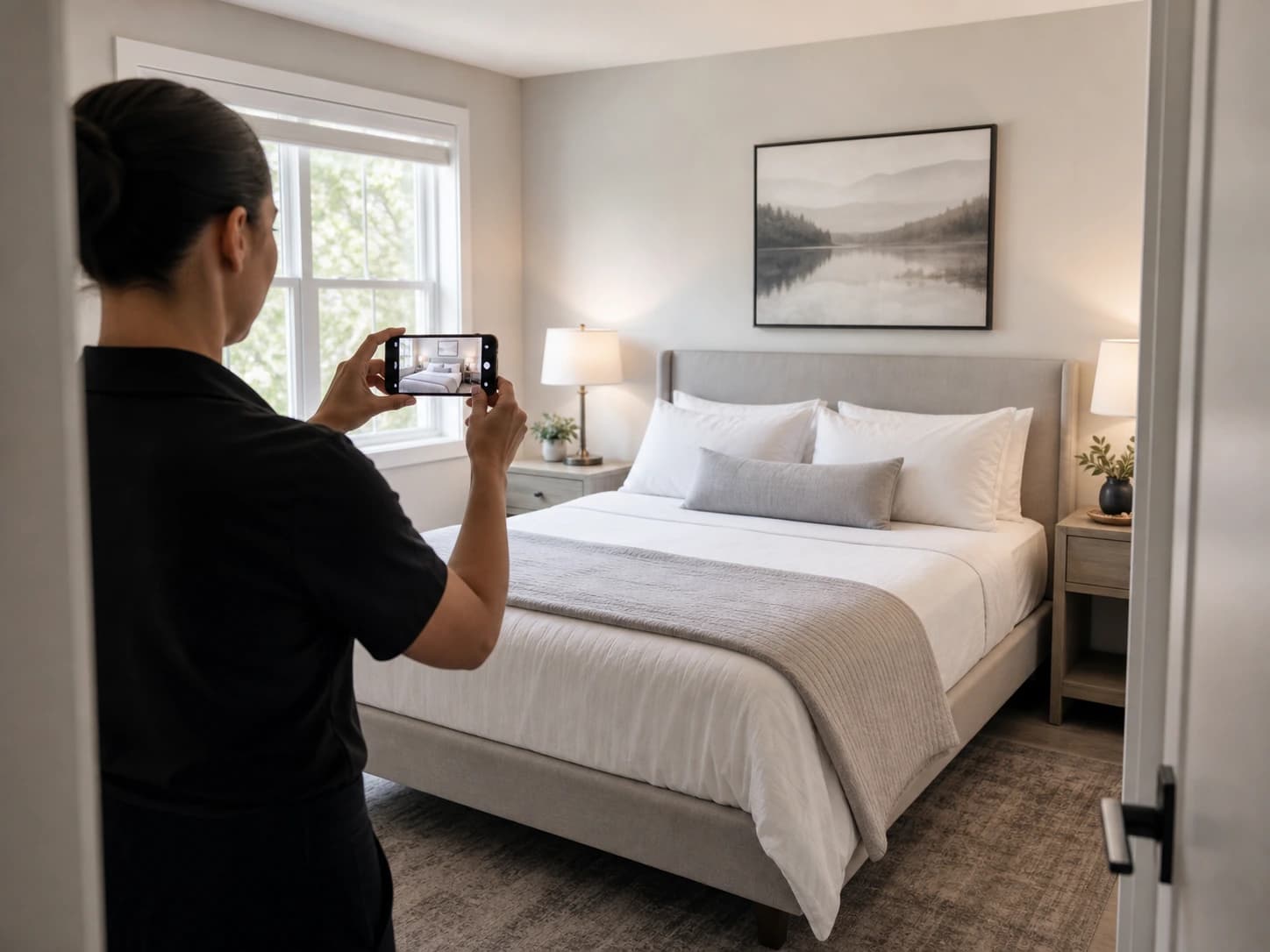 Host photographing prepared room before guest arrival